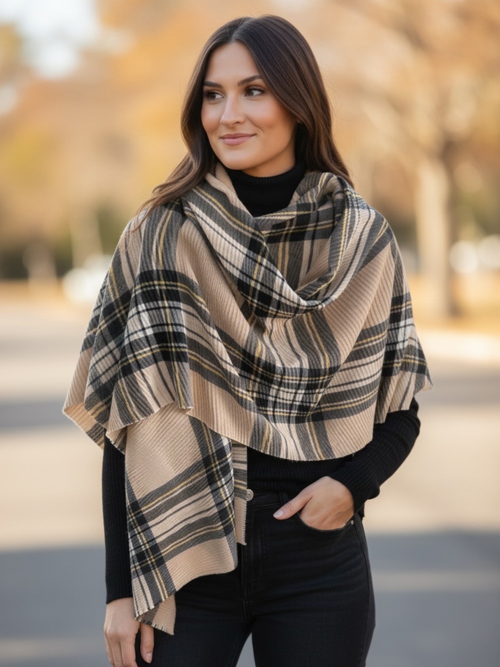 Marcus Adler Plaid Wrap Scarf in Beige and Black - Women's Accessory